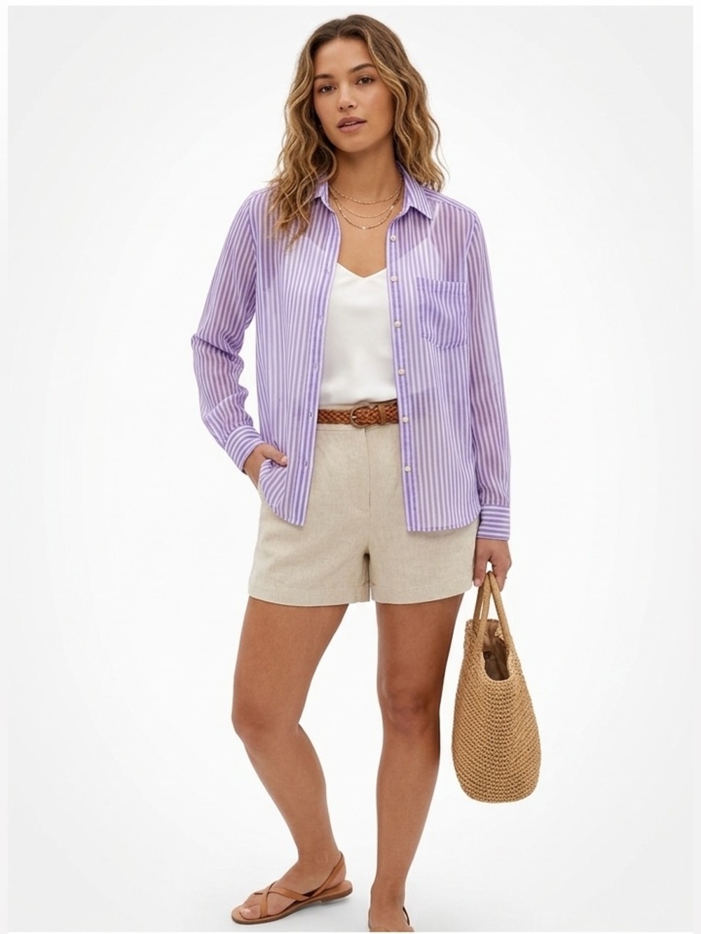 American Eagle Purple & White Striped Button Down Shirt Semi Sheer Size Large - Picture 5 of 15